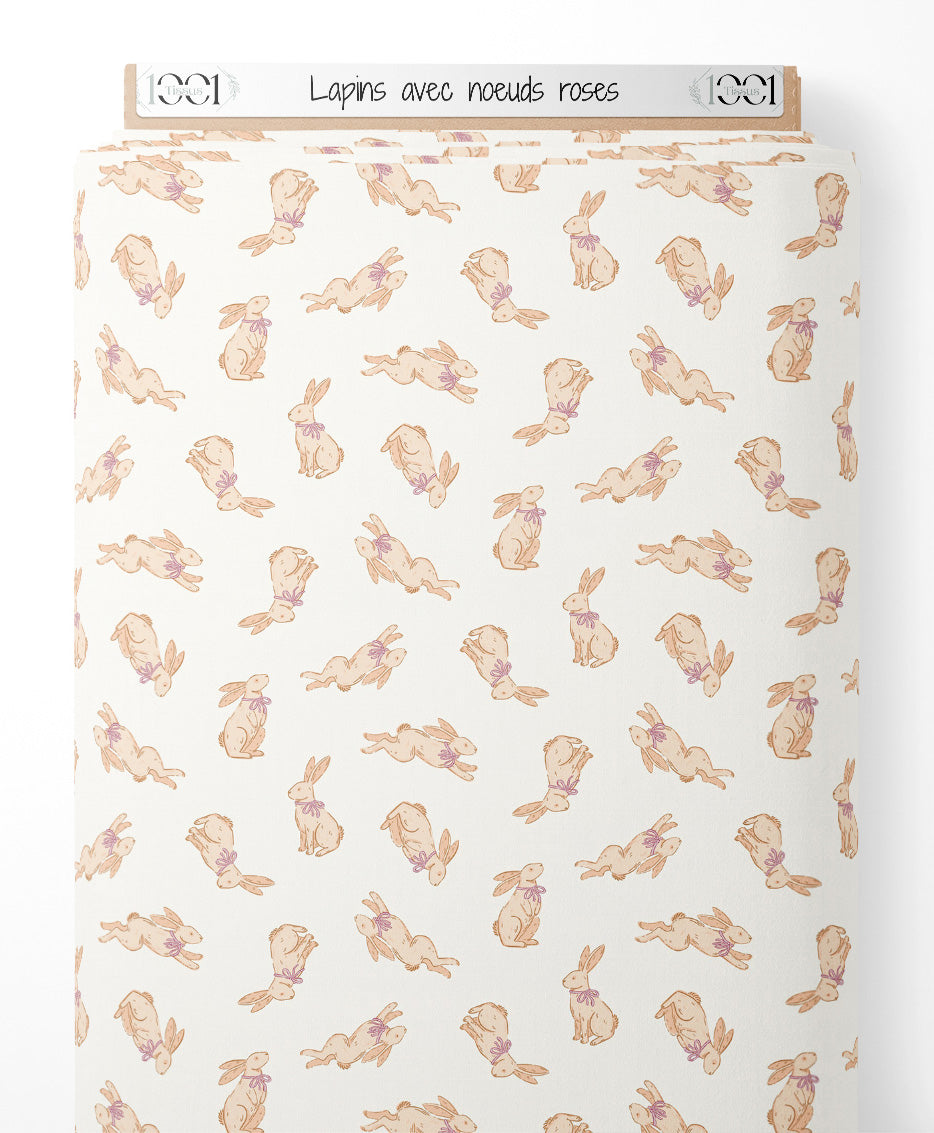 Tissu - Lapins avec nœuds roses