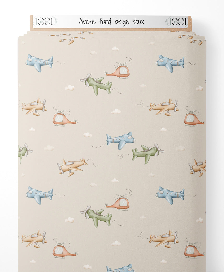 Tissu - Avions sur fond beige doux