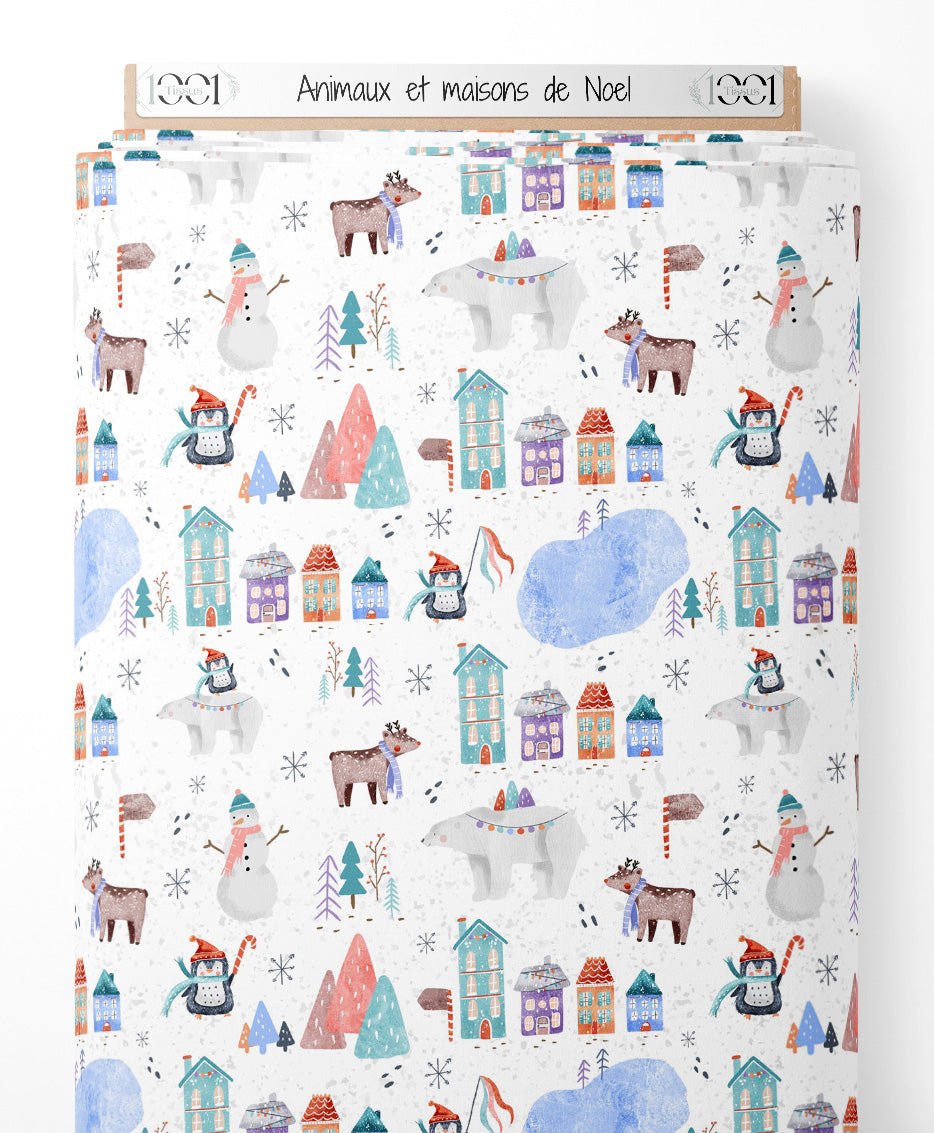 Tissu - Animaux et maisons de Noël