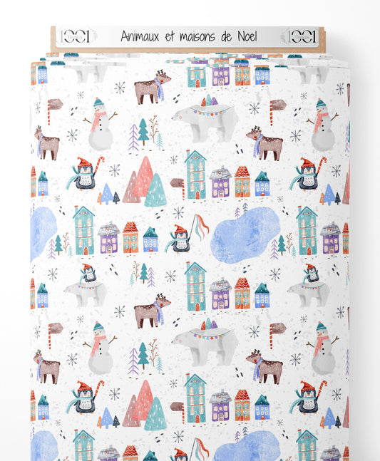 Tissu - Animaux et maisons de Noël