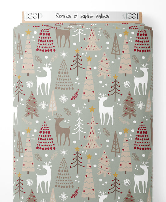 Tissu - Rennes et sapins stylisés