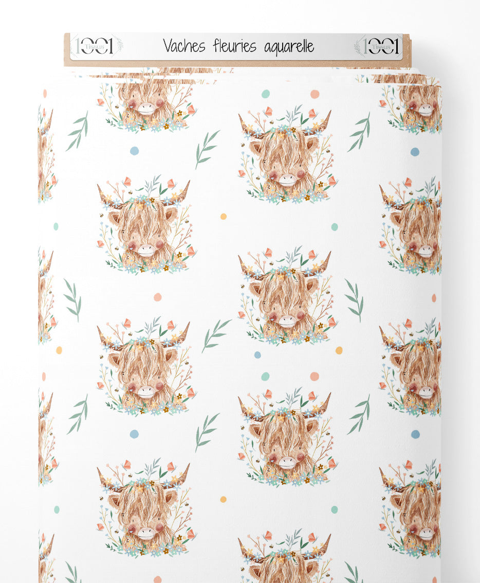 Tissu - Vaches fleuries aquarelle