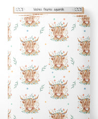 Tissu - Vaches fleuries aquarelle