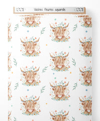 Tissu - Vaches fleuries aquarelle