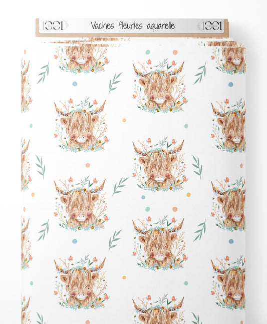 Tissu - Vaches fleuries aquarelle