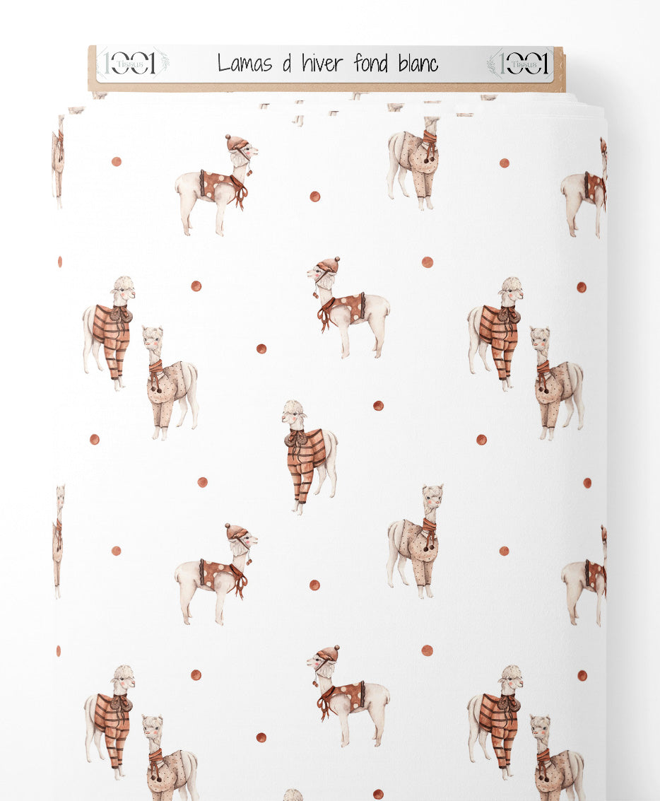 Tissu - Lamas d'hiver sur fond blanc