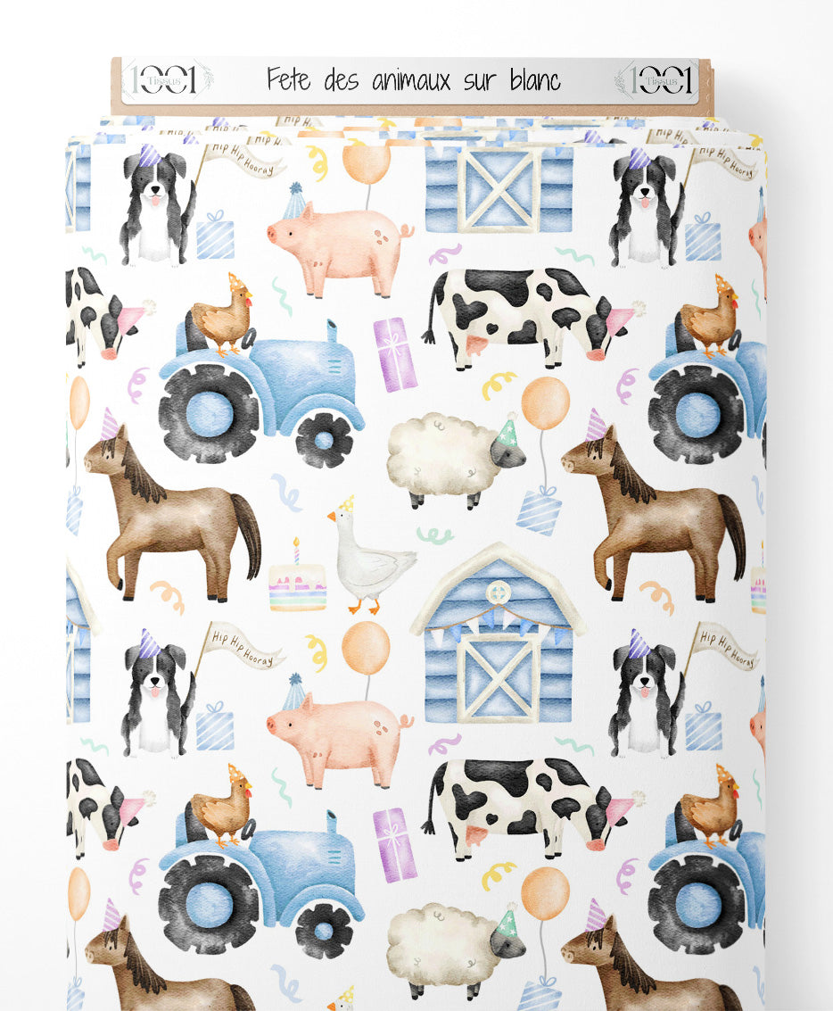 Tissu - Fête des animaux sur blanc