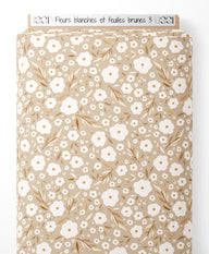 Tissu - Fleurs blanches et feuilles brunes 3