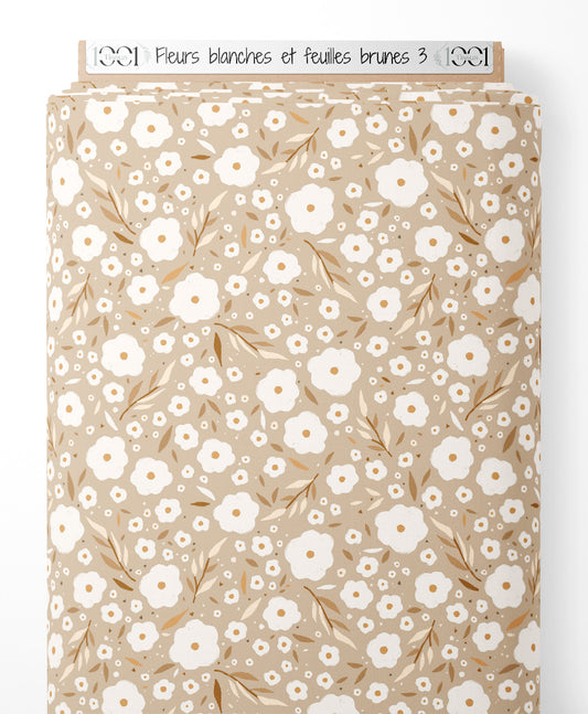 Tissu - Fleurs blanches et feuilles brunes 3