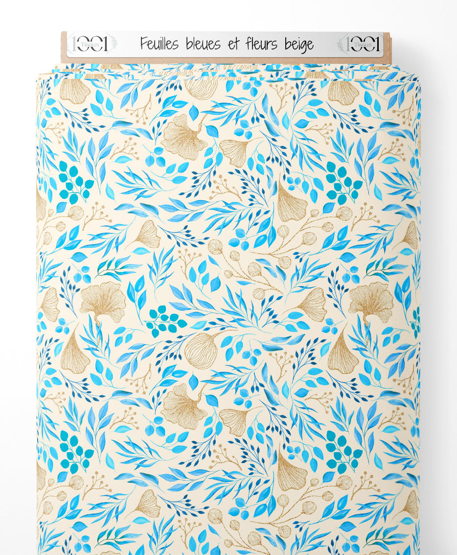 Tissu - Feuilles bleues et fleurs beige