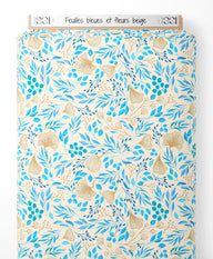 Tissu - Feuilles bleues et fleurs beige