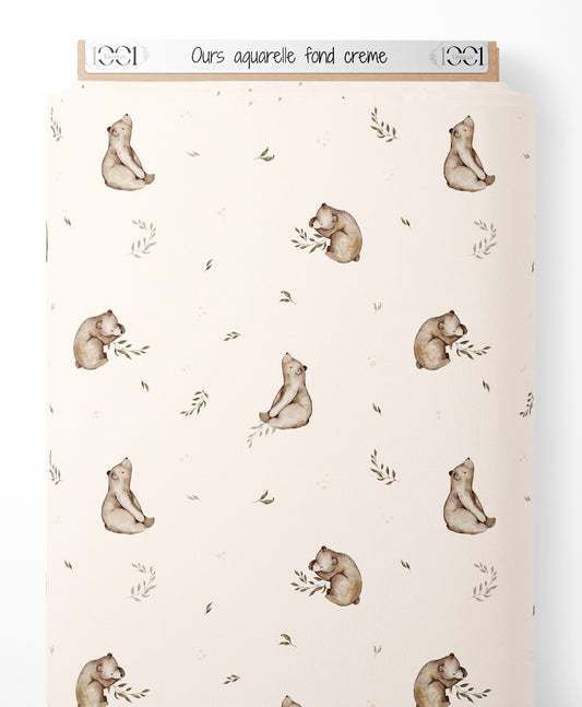 Tissu - Ours aquarelle fond crème