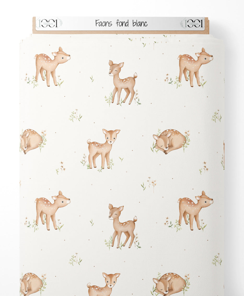 Tissu - Faons sur fond blanc