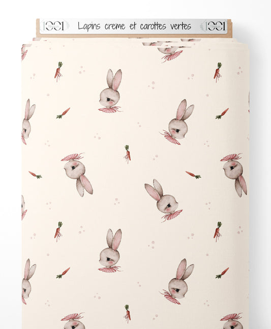 Tissu - Lapins crème et carottes vertes