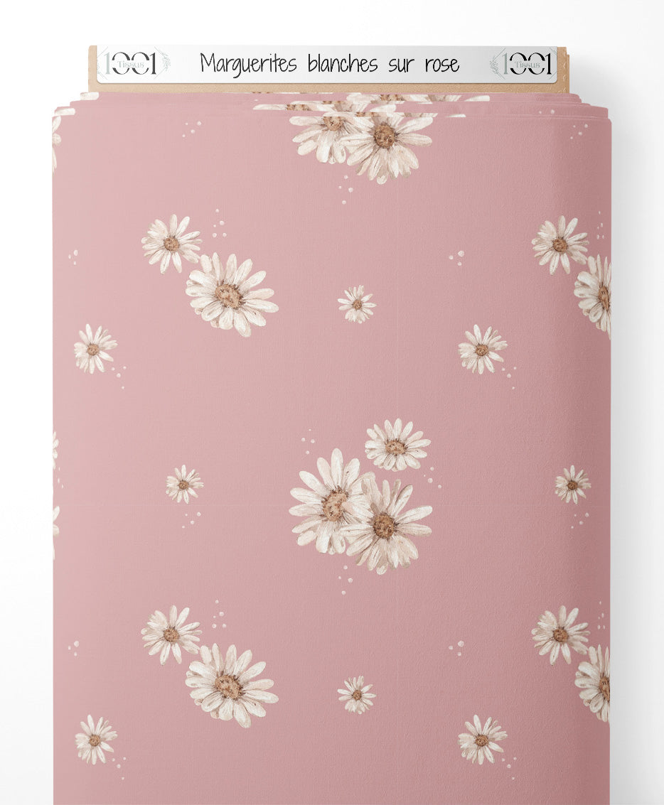 Tissu - Marguerites blanches sur rose