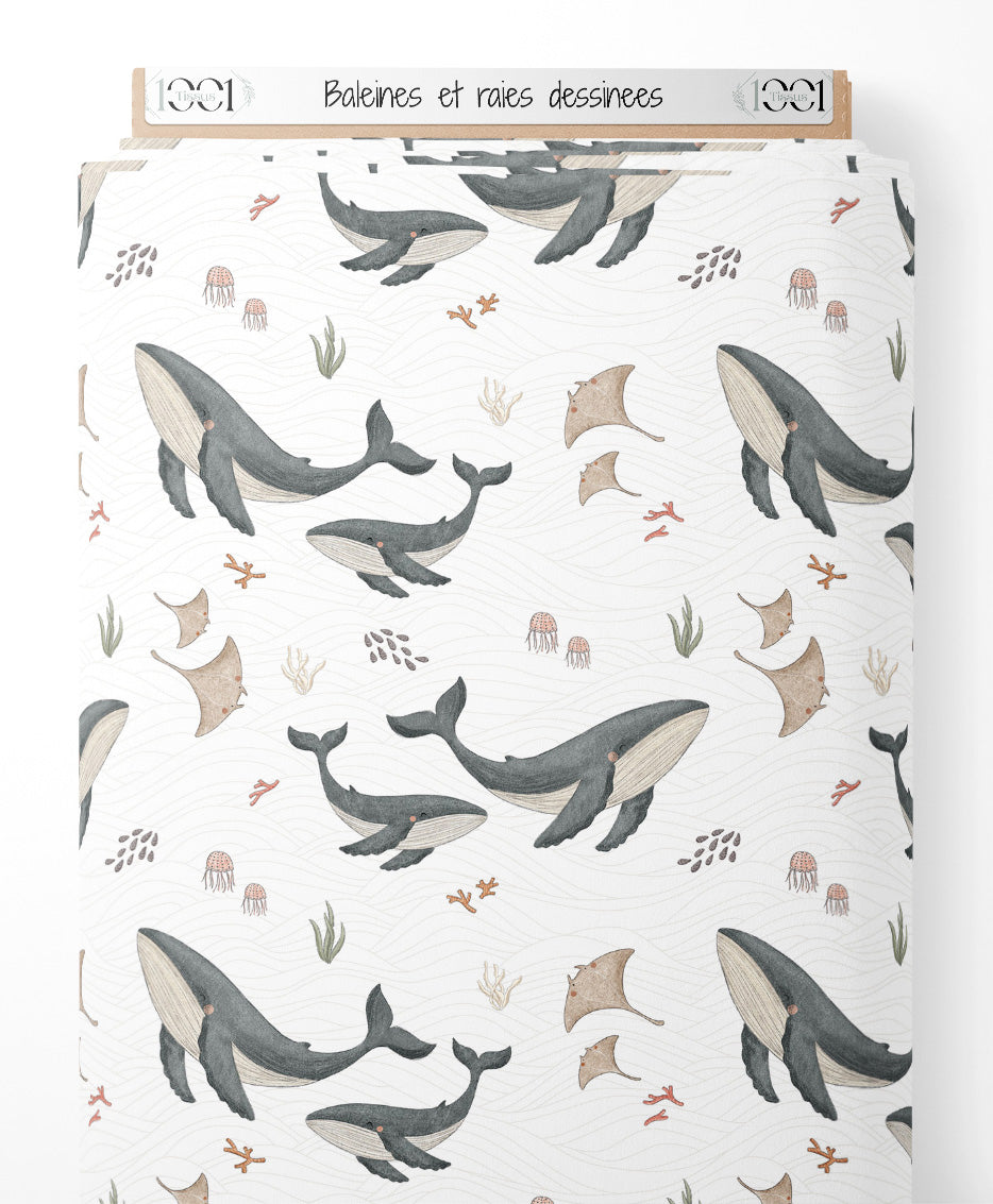 Tissu - Baleines et raies dessinées
