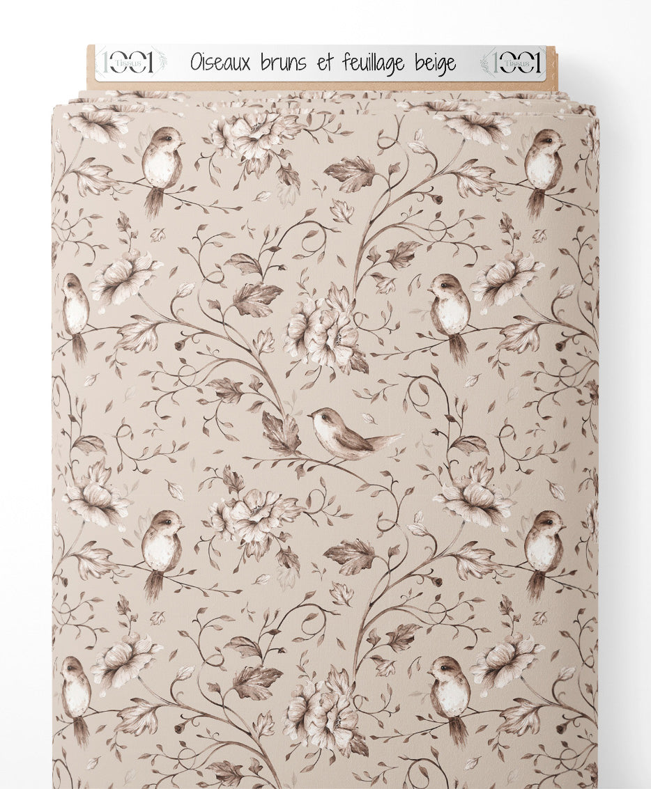 Tissu - Oiseaux bruns et feuillage beige