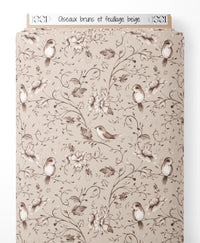 Tissu - Oiseaux bruns et feuillage beige