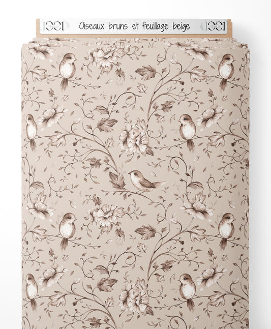 Tissu - Oiseaux bruns et feuillage beige
