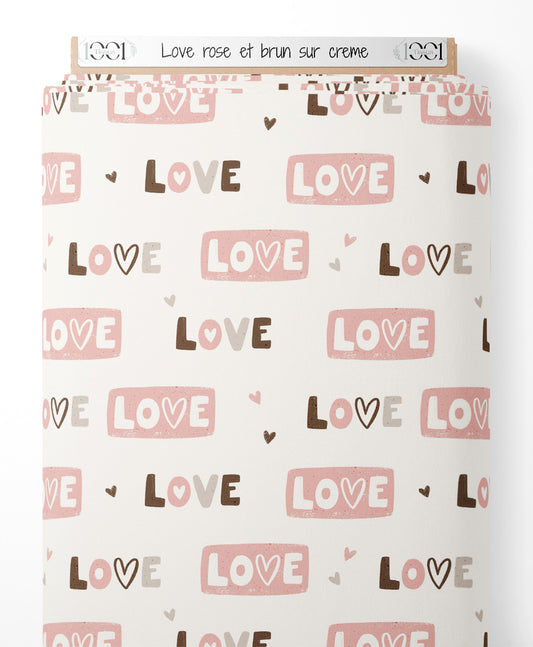 Tissu - Love rose et brun sur crème