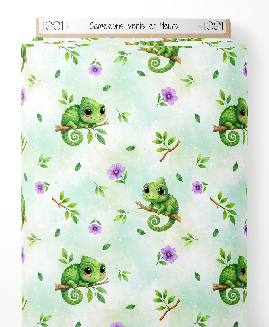 Tissu - Caméléons verts et fleurs