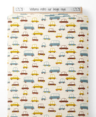 Tissu - Voitures rétro sur beige rayé