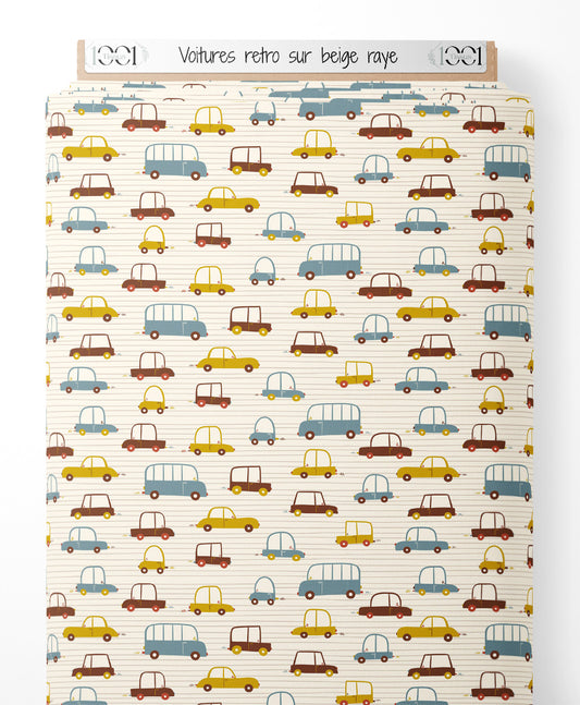 Tissu - Voitures rétro sur beige rayé