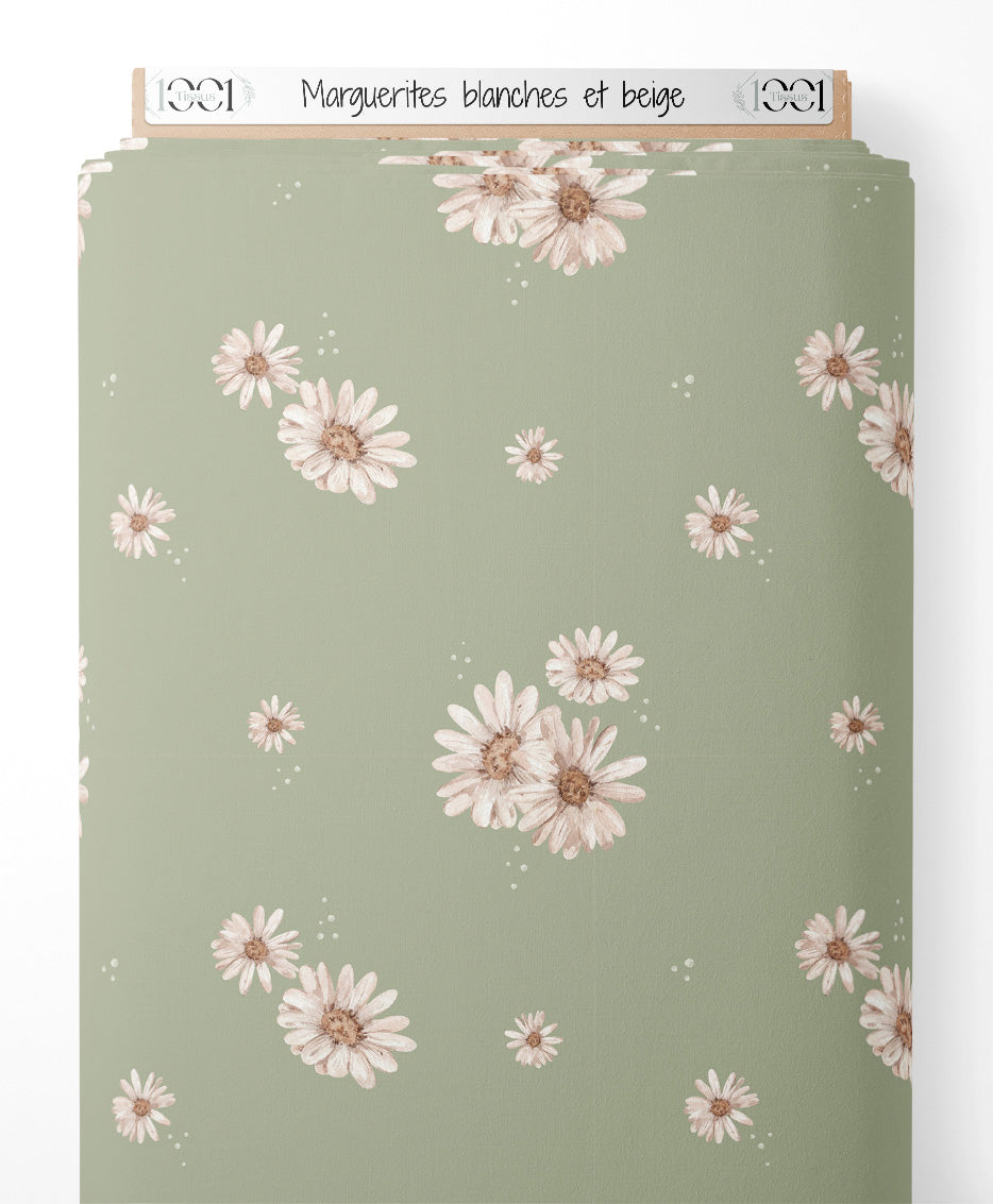 Tissu - Marguerites blanches et beige