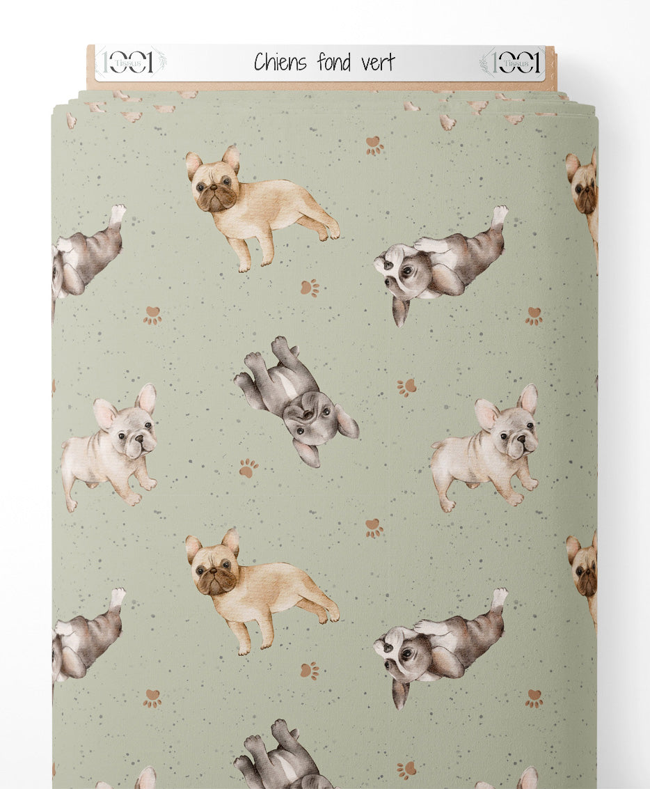 Tissu - Chiens sur fond vert