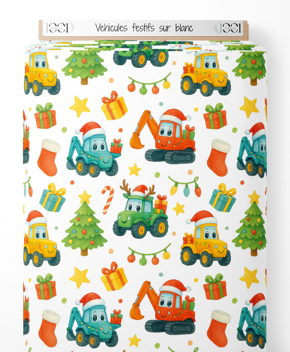 Tissu - Véhicules festifs sur blanc