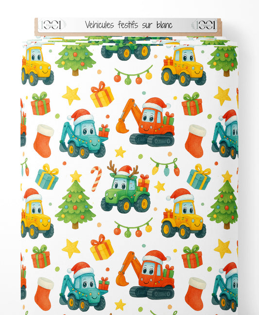 Tissu - Véhicules festifs sur blanc