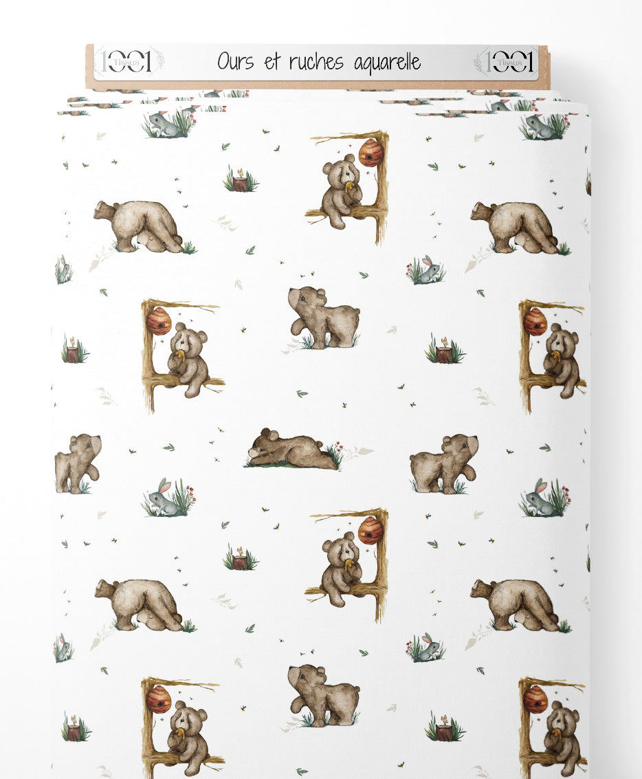 Tissu - Ours et ruches aquarelle