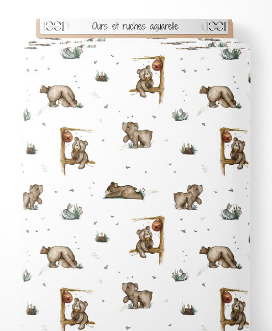 Tissu - Ours et ruches aquarelle