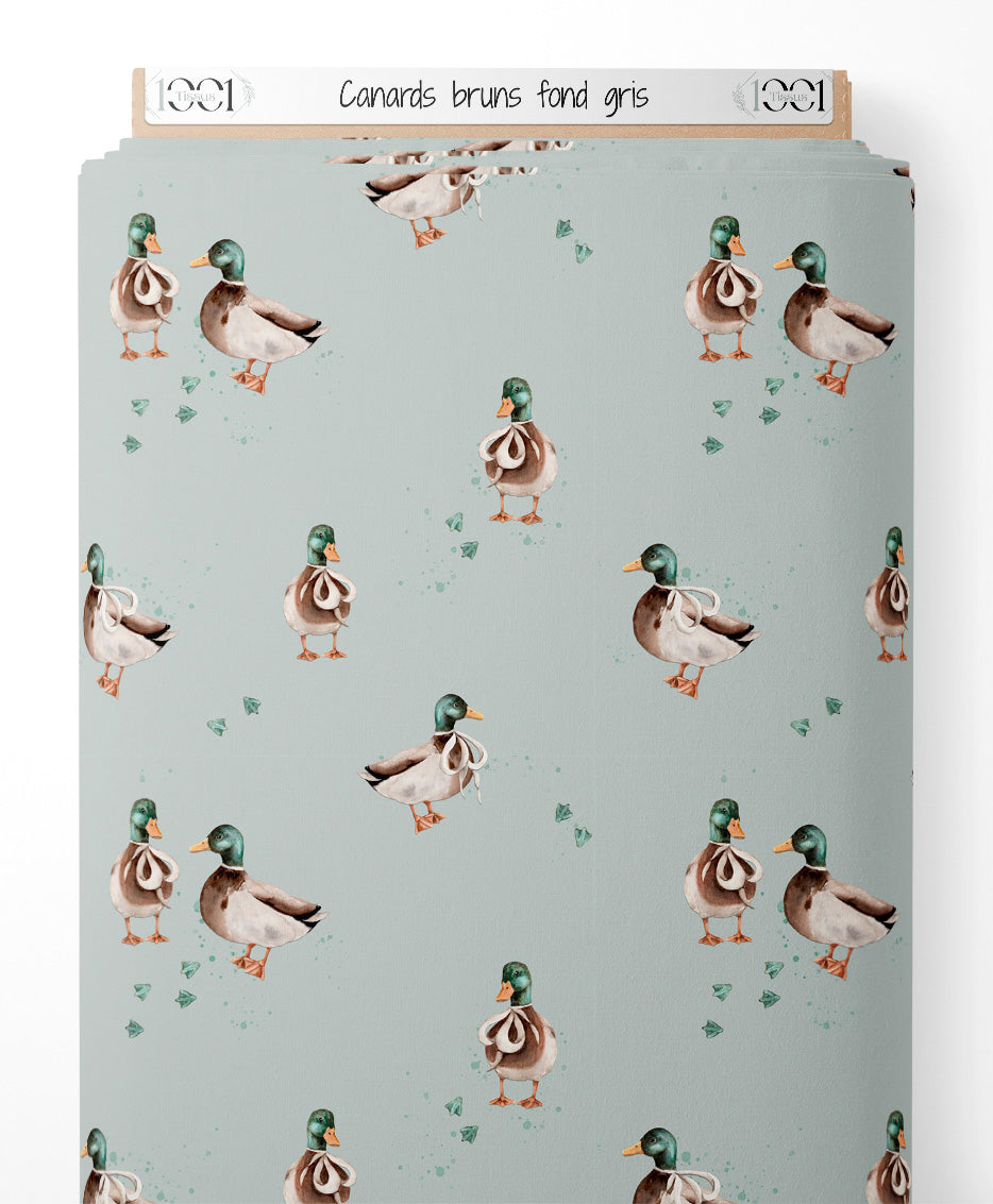 Tissu - Canards bruns sur fond gris