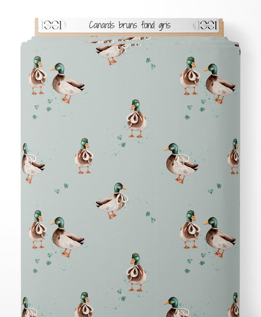 Tissu - Canards bruns sur fond gris