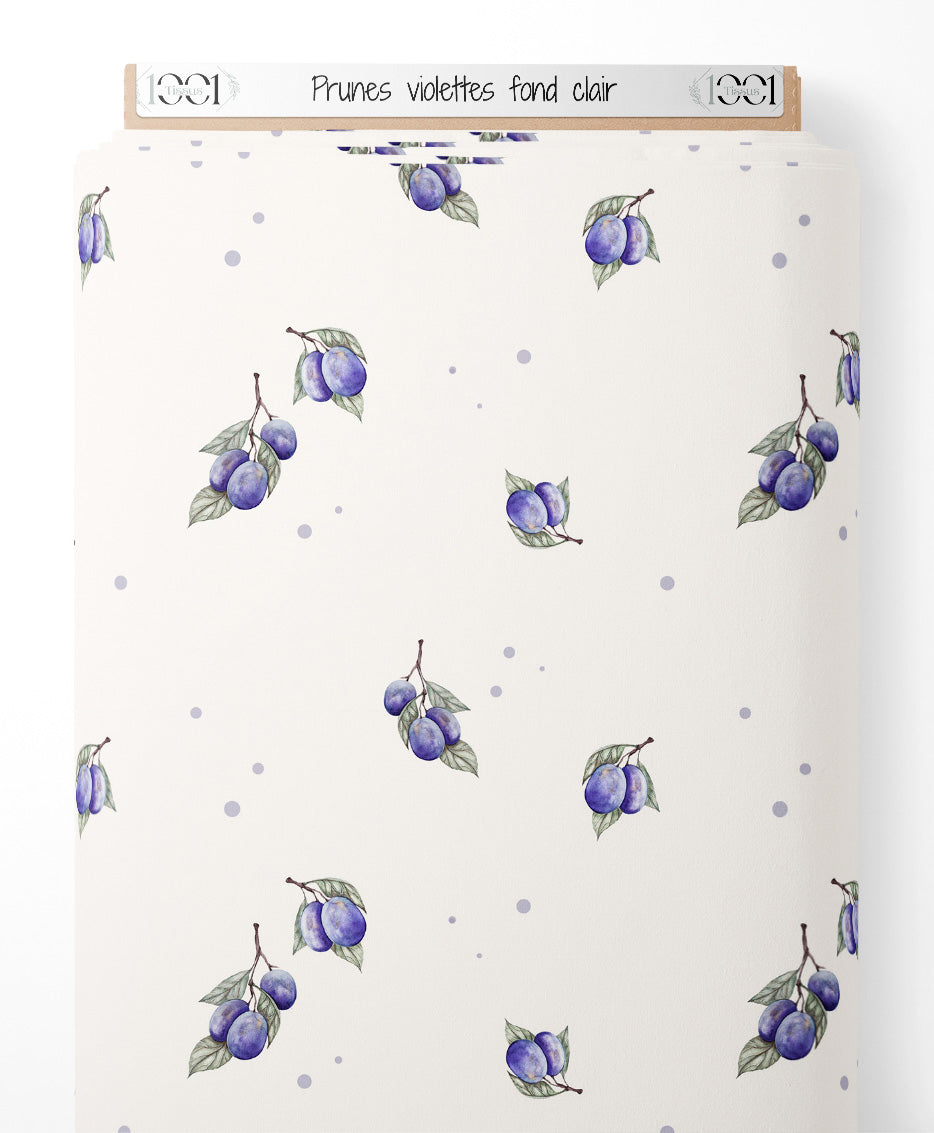 Tissu - Prunes violettes sur fond clair