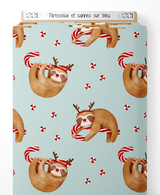 Tissu - Paresseux et cannes sur bleu