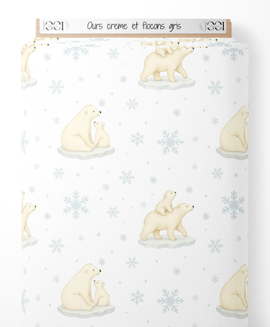 Tissu - Ours crème et flocons gris