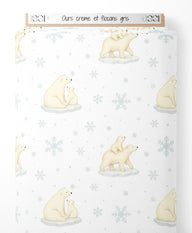 Tissu - Ours crème et flocons gris