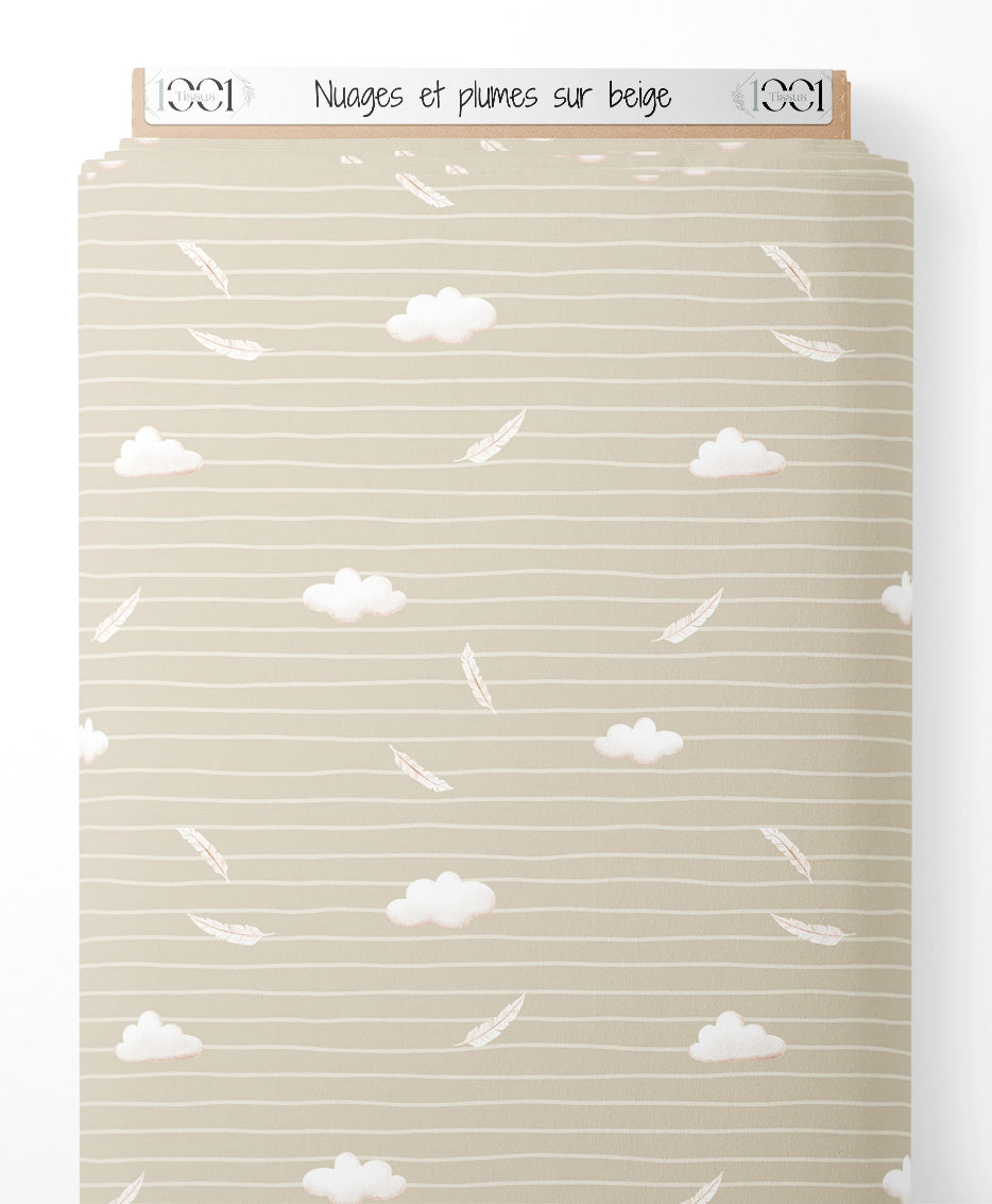 Tissu - Nuages et plumes sur beige