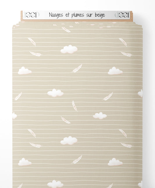 Tissu - Nuages et plumes sur beige