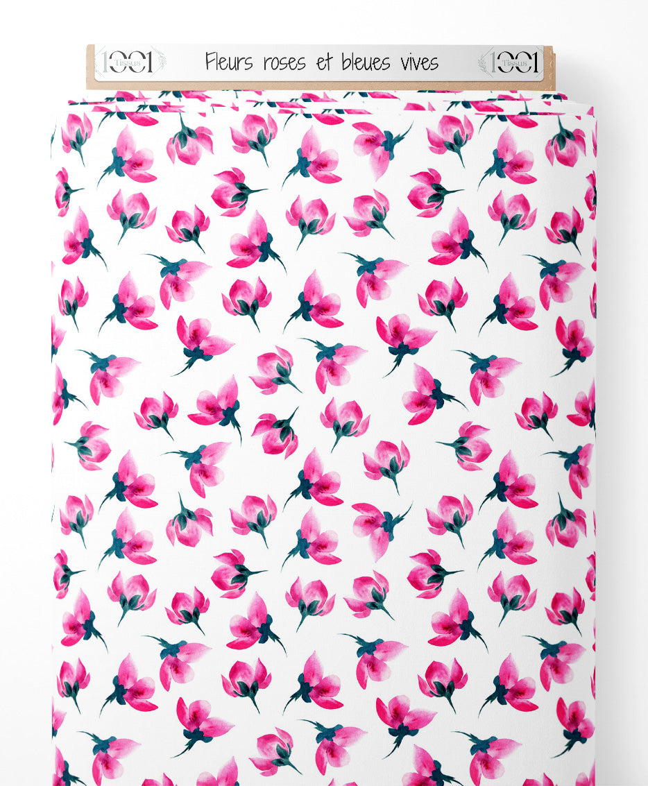 Tissu - Fleurs roses et bleues vives