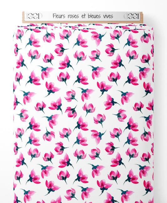 Tissu - Fleurs roses et bleues vives