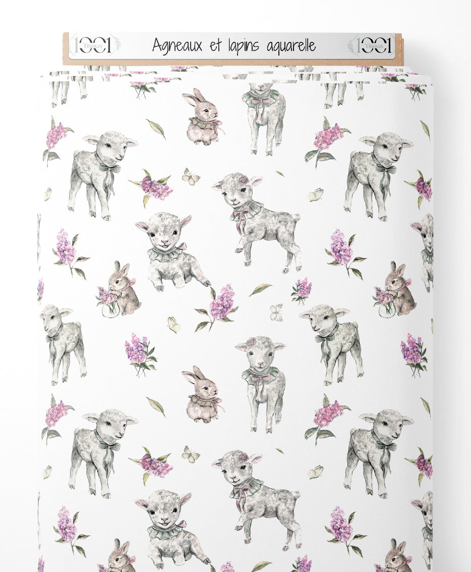 Tissu - Agneaux et lapins aquarelle