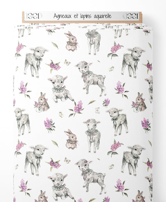 Tissu - Agneaux et lapins aquarelle