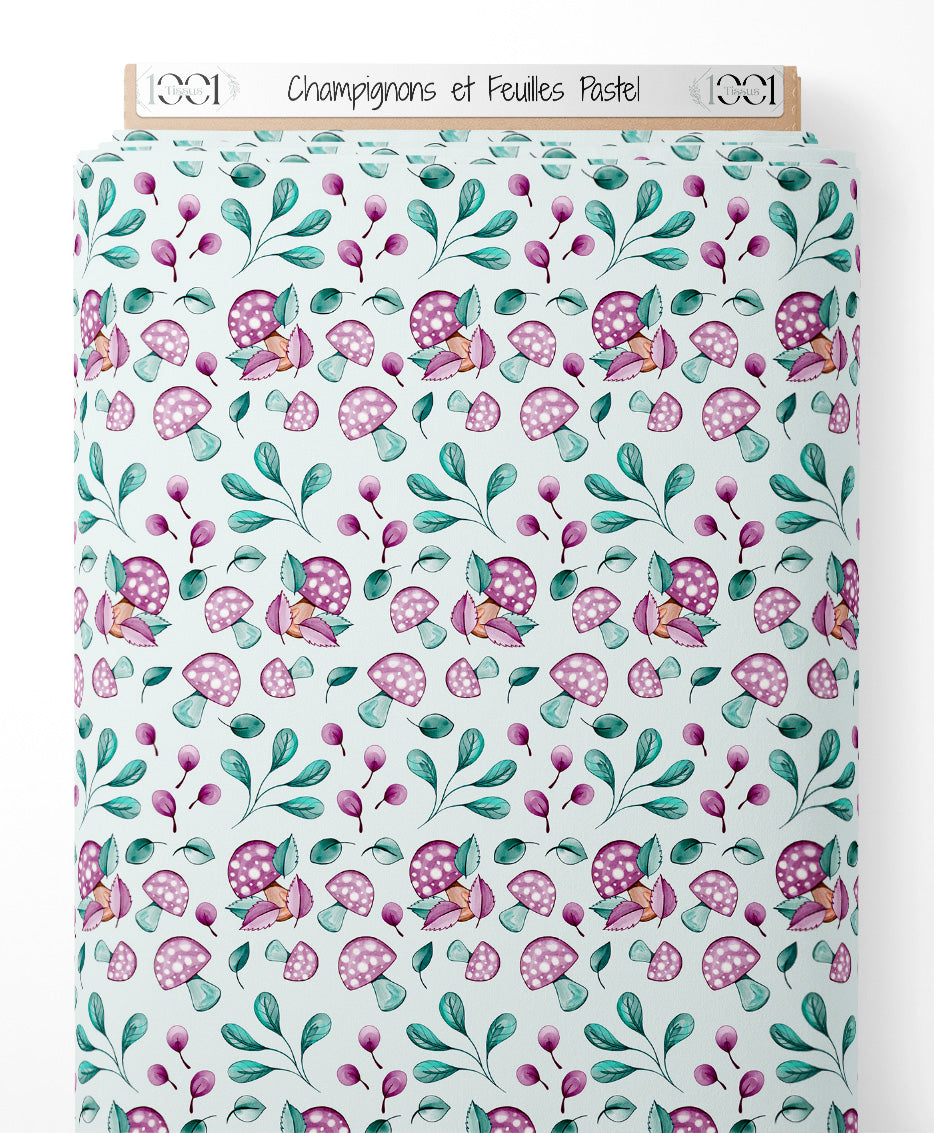 Tissu - Champignons et Feuilles Pastel
