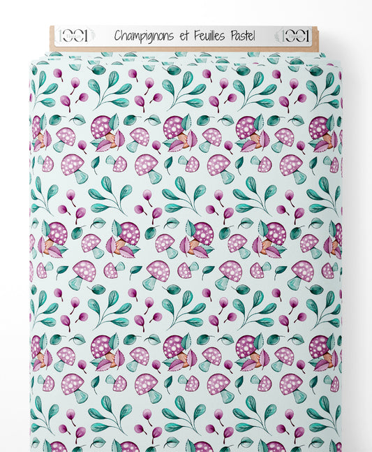 Tissu - Champignons et Feuilles Pastel