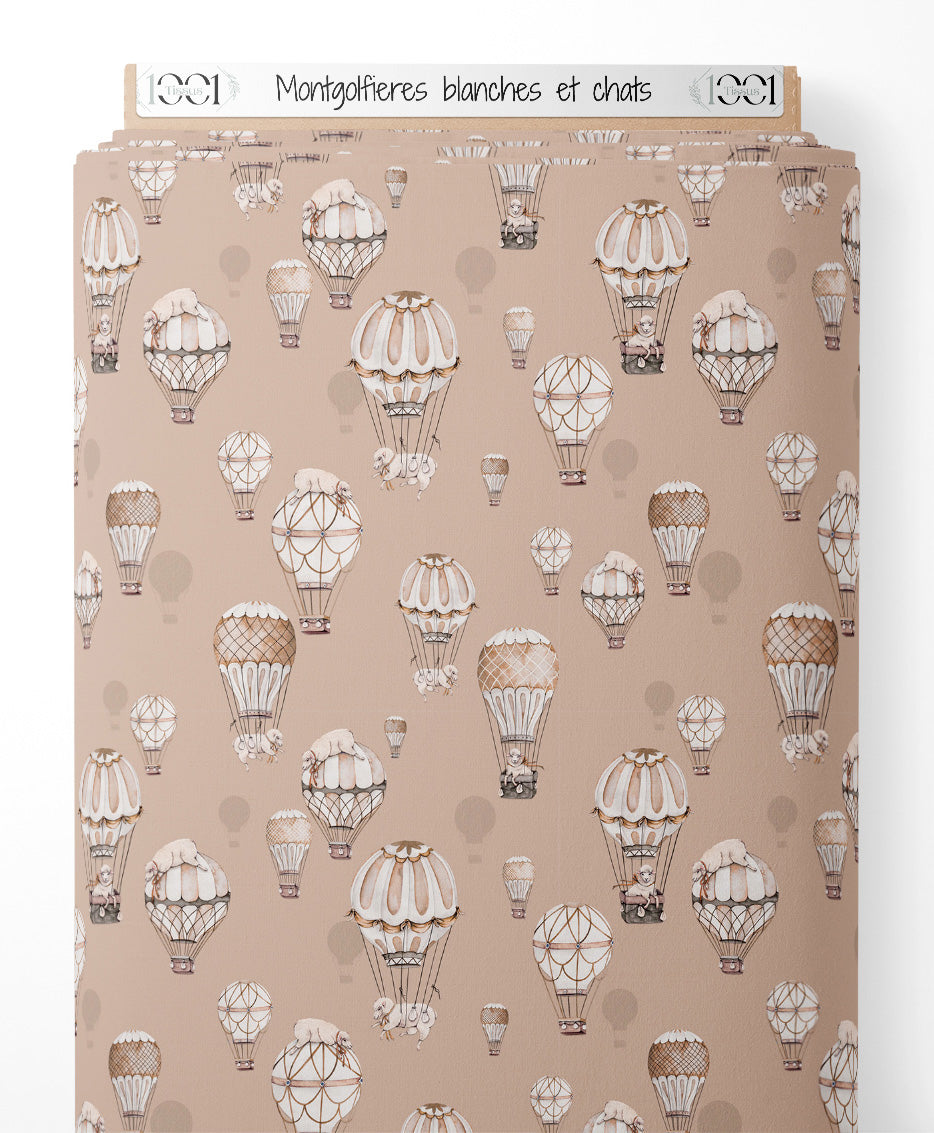 Tissu - Montgolfières blanches et chats