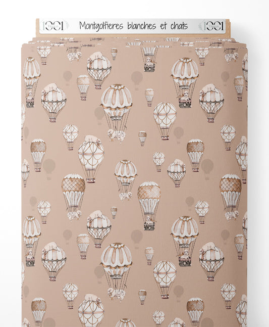 Tissu - Montgolfières blanches et chats