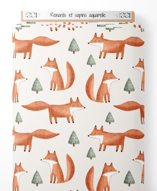 Tissu - Renards et sapins aquarelle